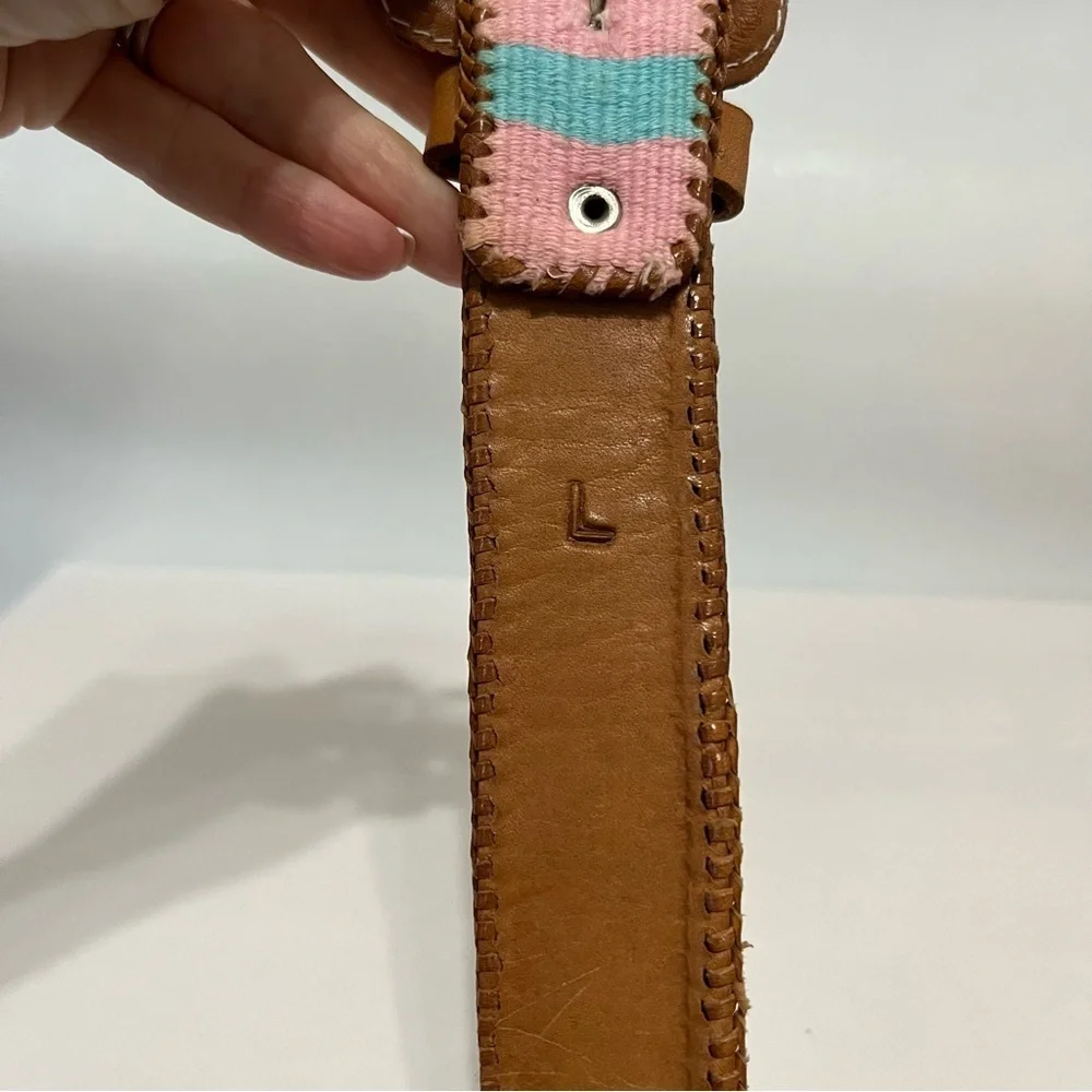 Vintage Pastel Woven Tapestry Leather Belt Guatemala